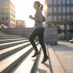 woman running up stairs